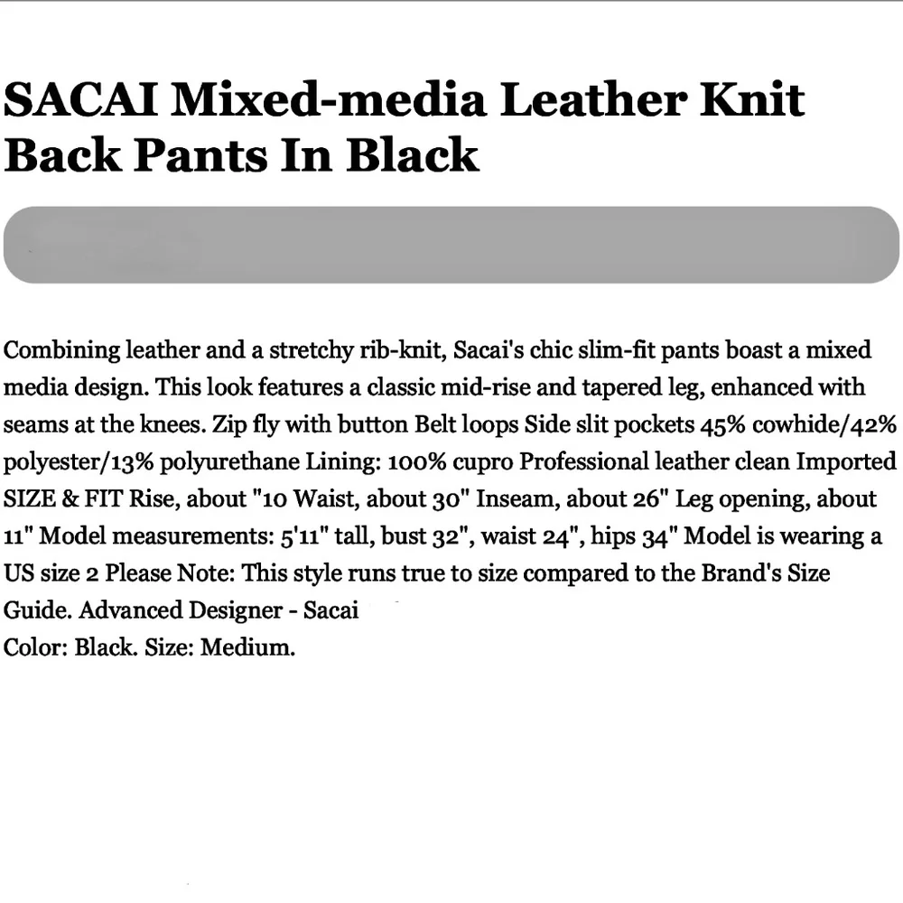Sacai Mixed-Media Leather Knit Back Pants In Black NWT - Picture 9 of 10